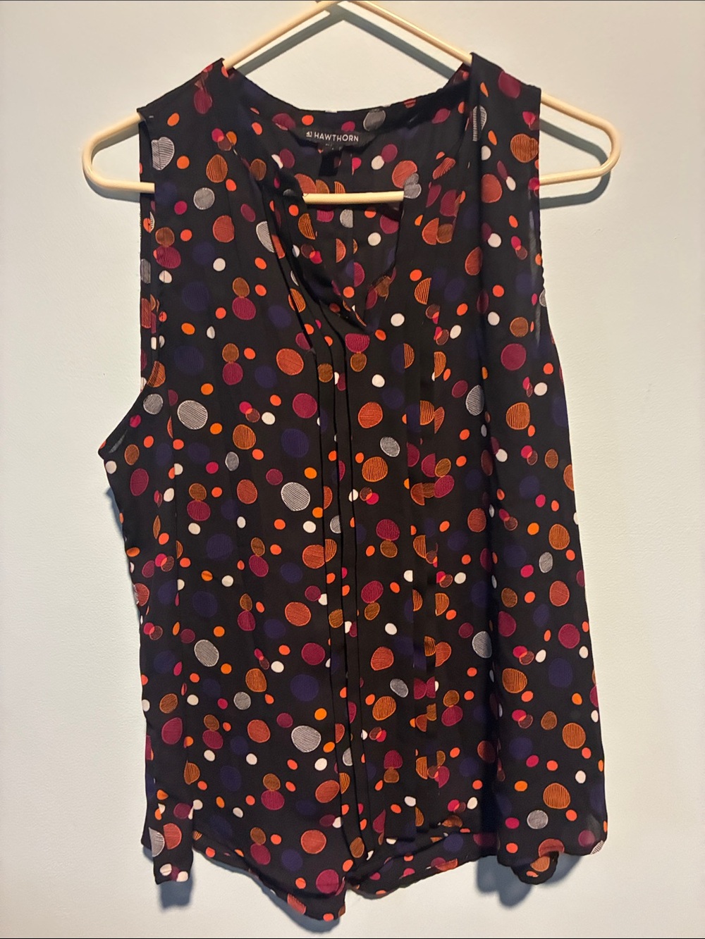 41 Hawthorn Black Sleeveless Top with Orange, Purple, Pink and White Polka Dots